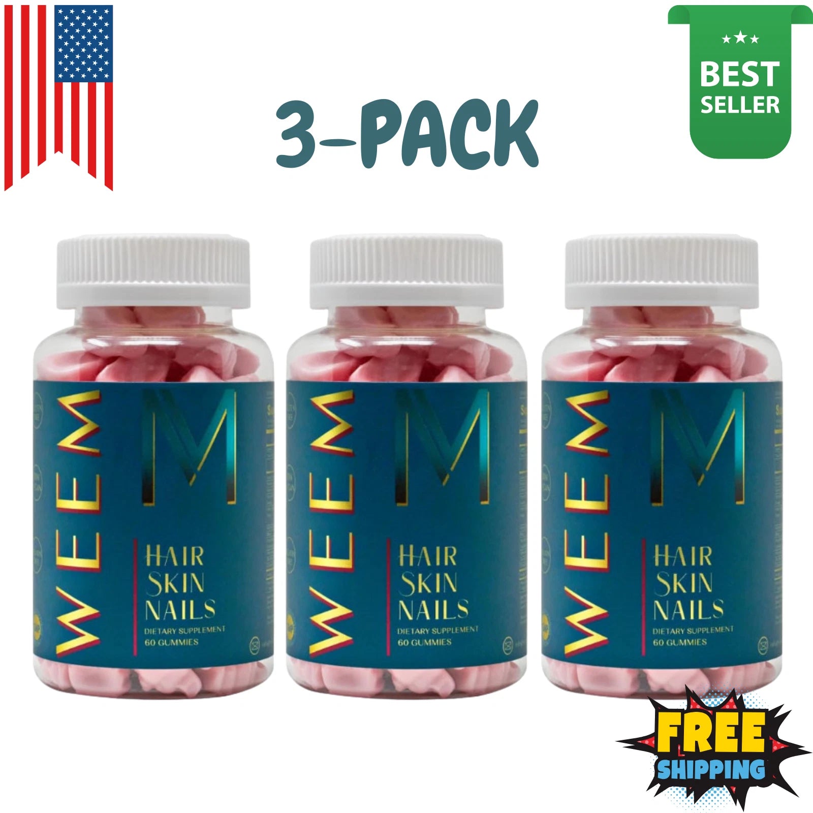 WEEM Hair Skin and Nails Gummies, Vegan biotin Vitamins, Healthy Hair-Pack Of 3